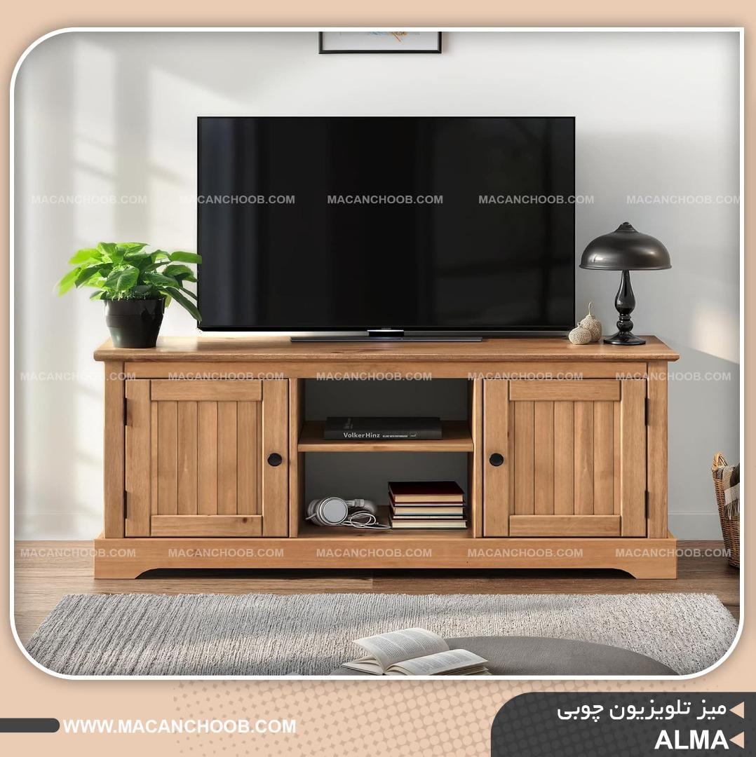 میز تلویزیون چوبی خود رنگ قفسه دار و درب دار مدل ALMA